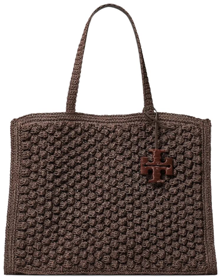 Tory Burch Ella Hand Crocheted Popcorn Large Tote Bag Dark Cocoa