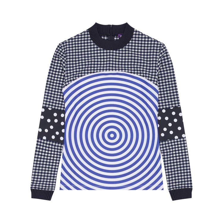 Jean Paul Gaultier Mix Jersey Knitted Gingham And Print Target Long Sleeve Top With Ribbing WhiteNavy