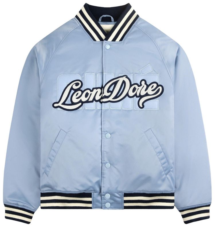 Aime Leon Dore Overlay Logo Satin Varsity Jacket Soft Chambray