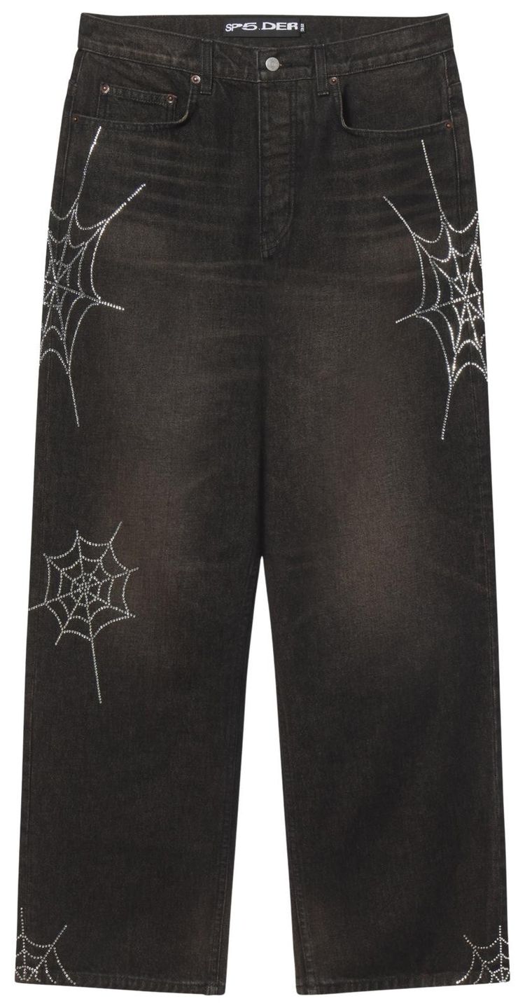 Sp5der Rhinestone Web Denim Onyx