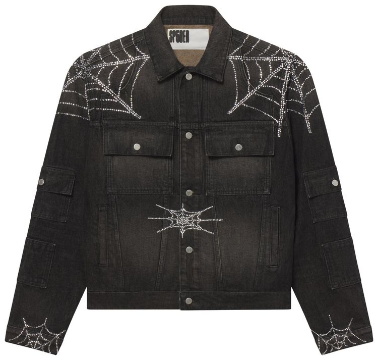 Sp5der Rhinestone Web Denim Jacket Onyx