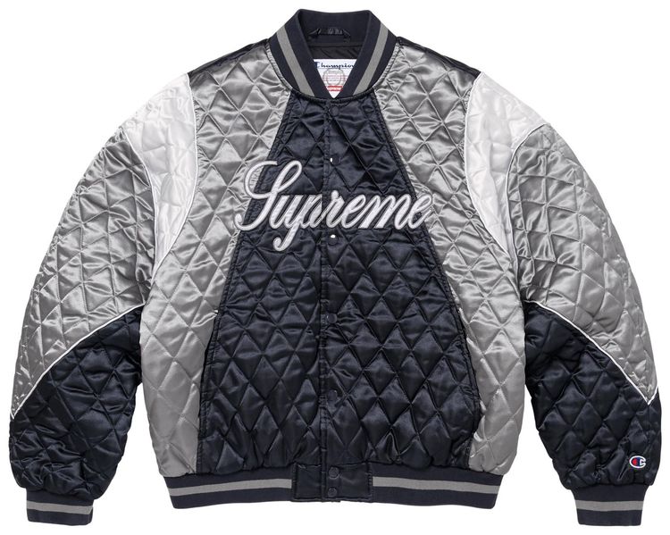 Supreme x Champion Quilted Satin Varsity Jacket Navy
