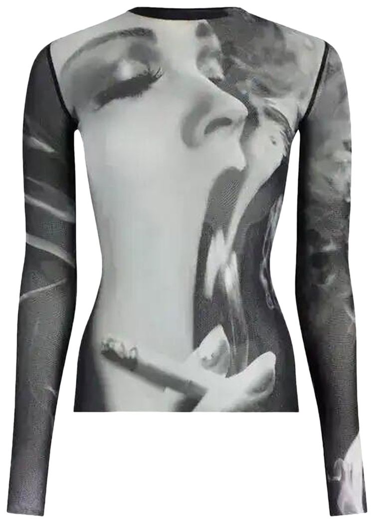 Jean Paul Gaultier Mesh Long Sleeves Top Printed Smoking Women BlackGreyWhite