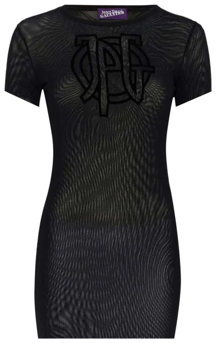 Jean Paul Gaultier Mesh Tee Dress With JPG Logo Flock Black
