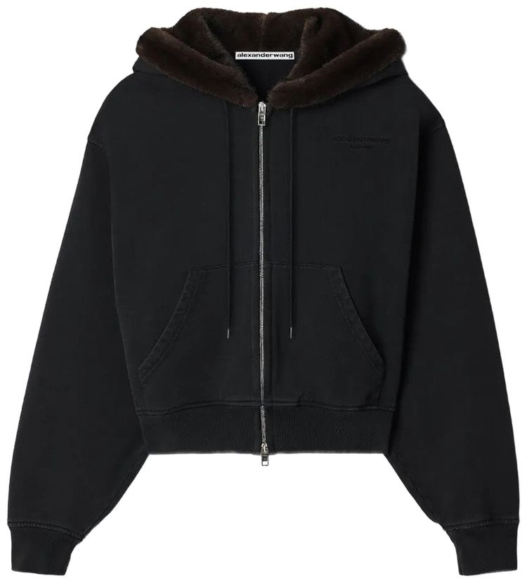 Alexander Wang Faux Fur Hood Zip Up Hoodie Washed Black