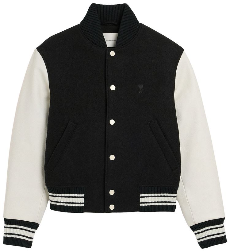Ami Padded Paris Teddy Jacket With Leather Sleeves Noir