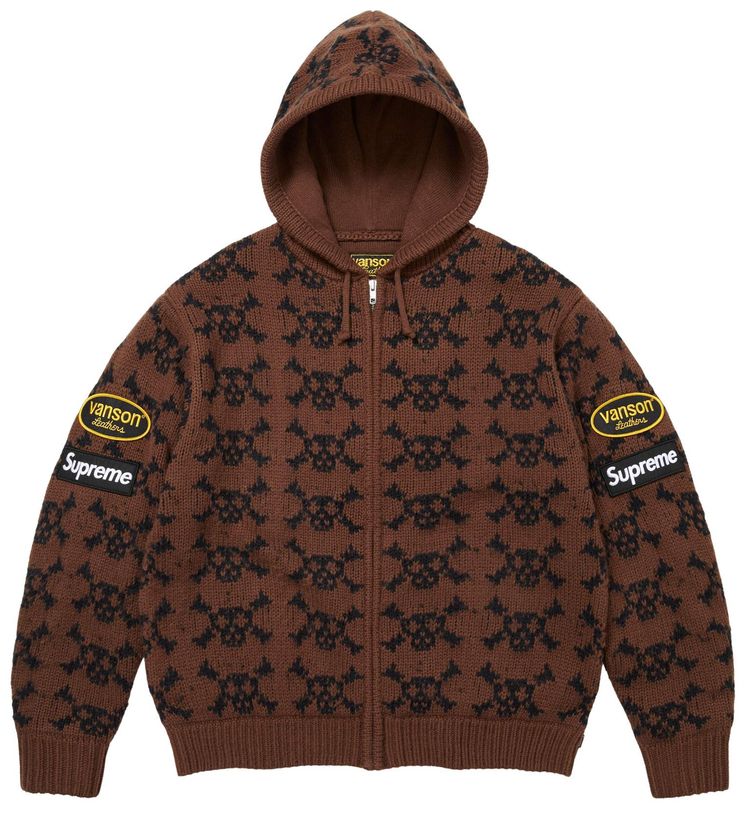 Supreme x Vanson Leathers Skull Zip Up Hooded Sweater Brown