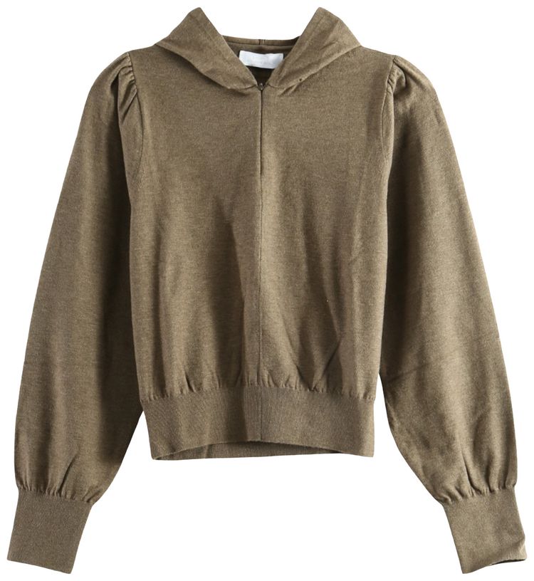 Amomento Shirring Half Zip Up Knit Hoodie Khaki