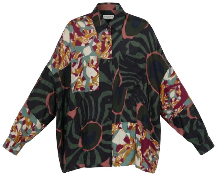 Dries Van Noten Marbled Clay Border Print Fluid Shirt Khaki