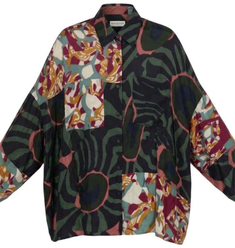Dries Van Noten Marbled Clay Border Print Fluid Shirt Khaki