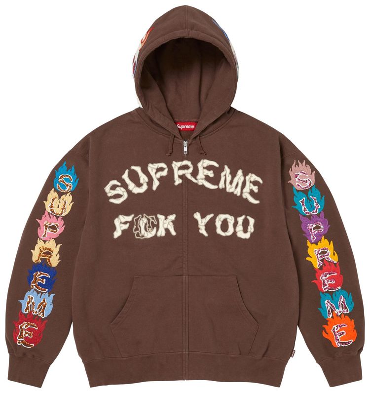 Supreme Fuck You Zip Up Hooded Sweatshirt Brown