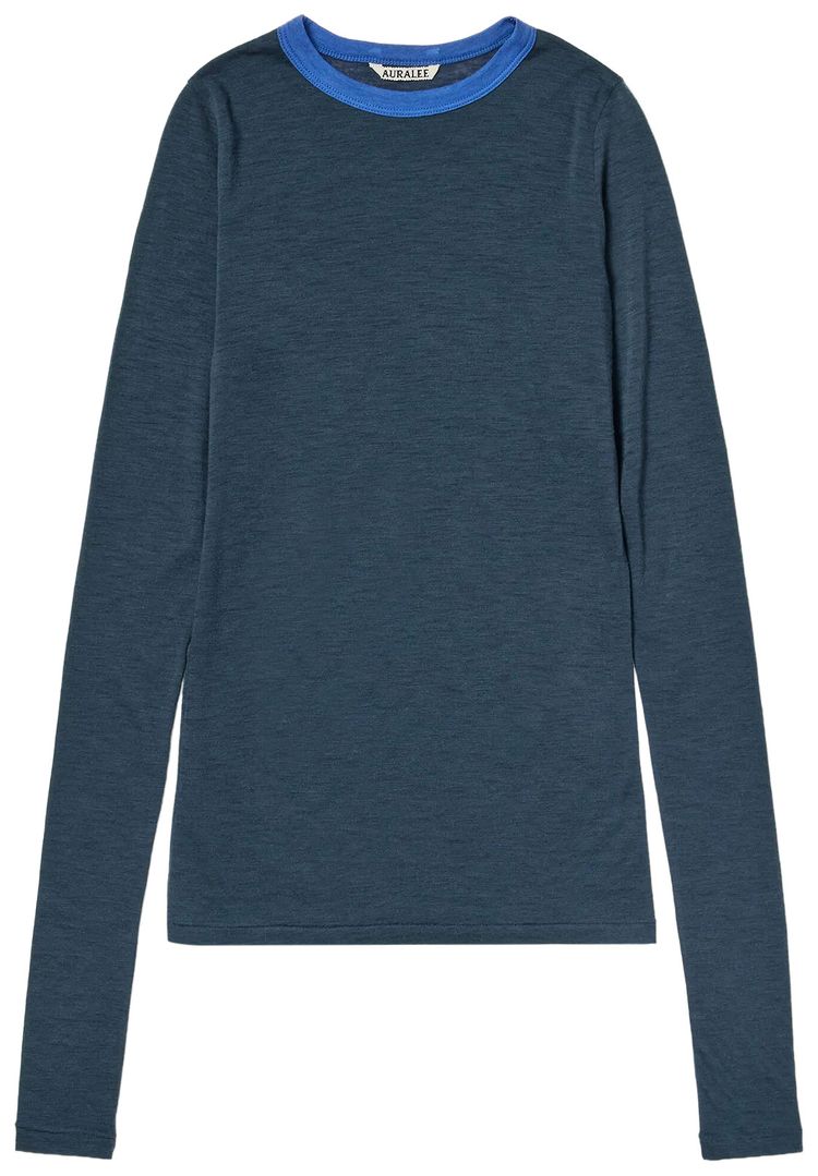 Auralee Fluffy Cashmere Nylon Jersey Ringer Long Sleeve Tee Navy