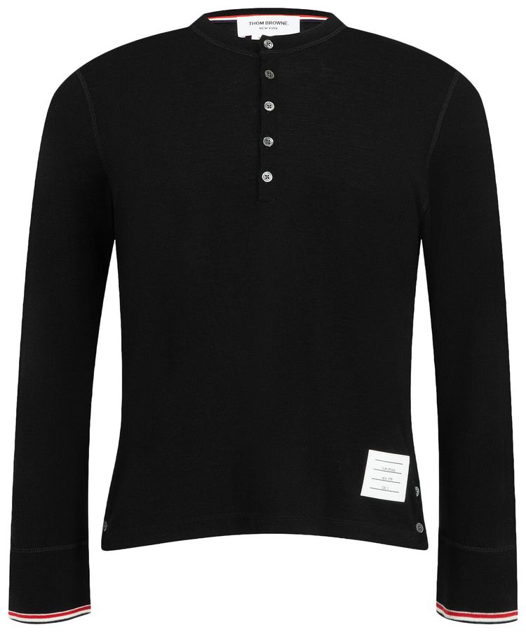 Thom Browne Long Sleeve Henley W Rwb Tipping Stripe In Wool Jersey Black