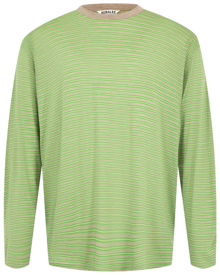 Auralee Soft Smooth Wool Stripe Jersey Long Sleeve Tee Green Stripe