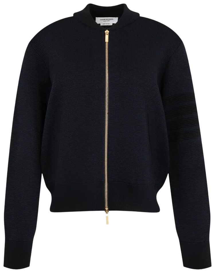 Thom Browne Milano Stitch Zip Up Bomber Jacket In Merino And Linen W Ottoman Stitch 4 Bar Stripe Navy