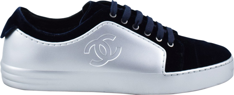 CHANEL Calfskin Velvet CC Sneakers 40.5 Navy Silver Red 1305893