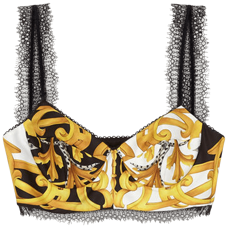 Versace Barocco Rodeo Print Silk Bralette Top WhiteBlackGold
