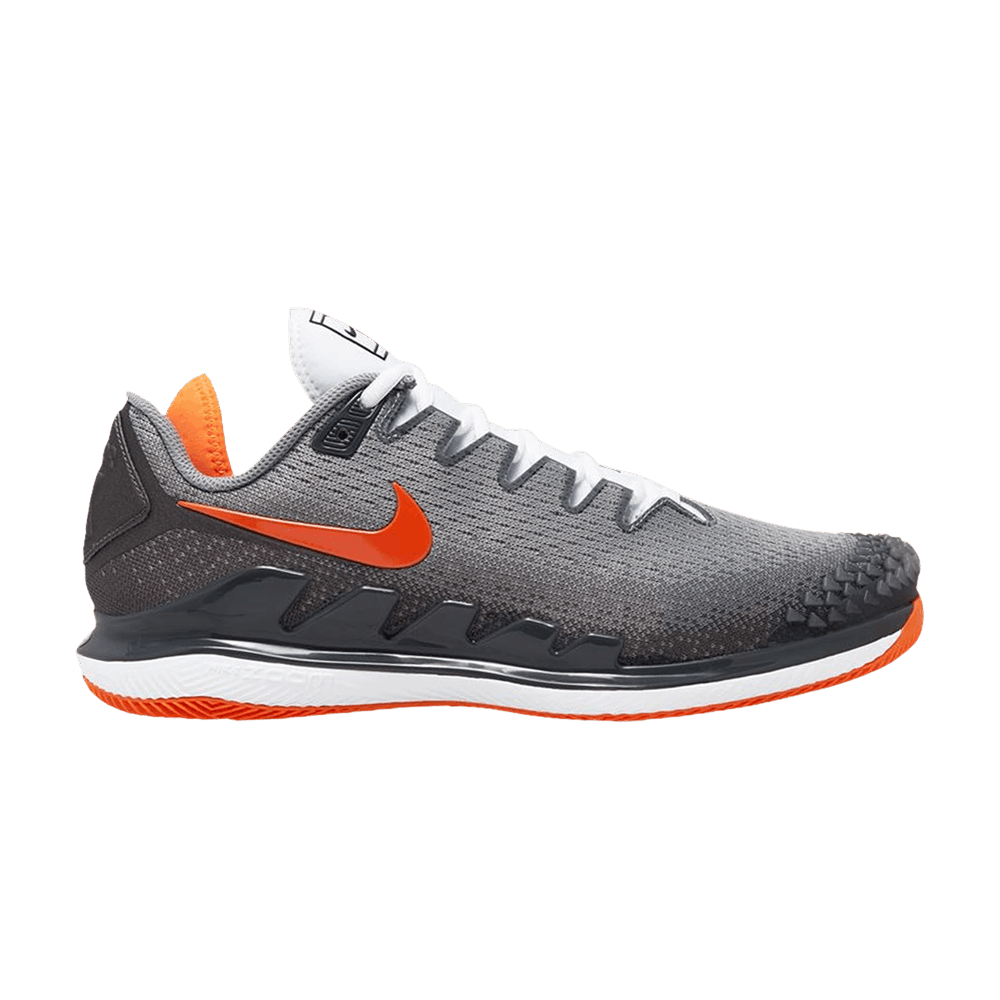 Nike men's court air zoom vapor x knit tennis shoes mtlc dark grey and total orange Clearance