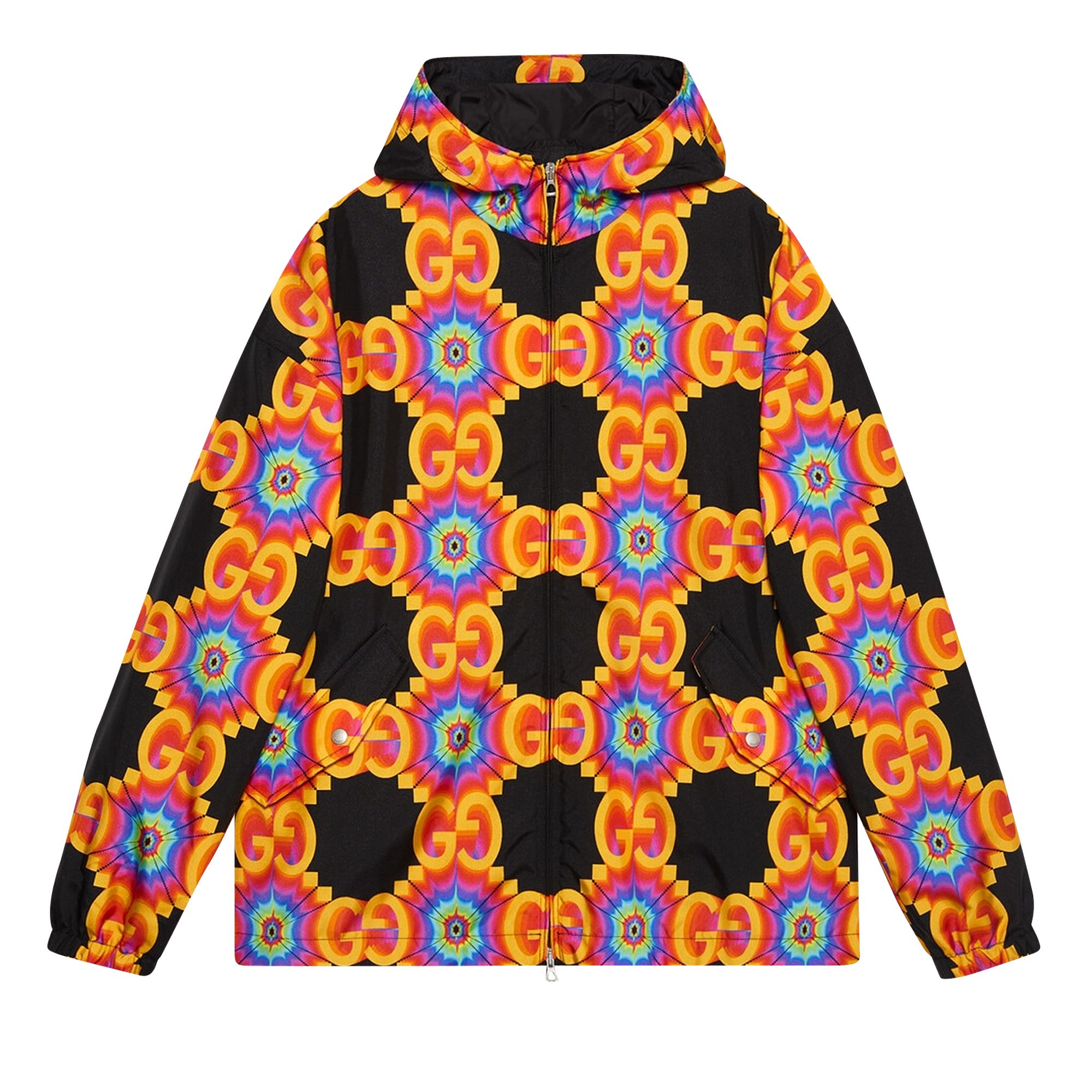 Pre-owned Gucci Gg Kaleidoscope Water Repellent Jacket 'black/orange' | Men's Size 46