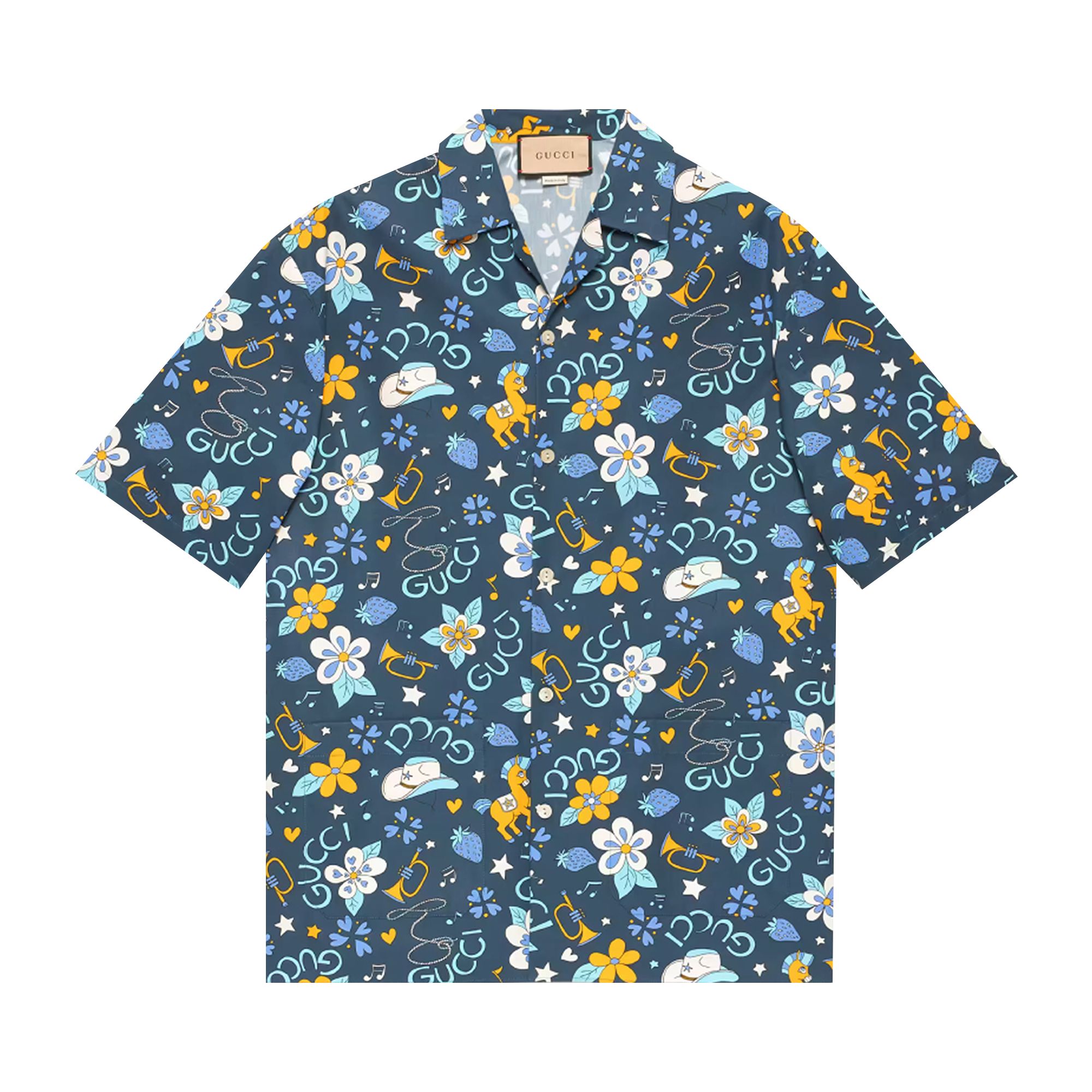 Pre-owned Gucci Retro Flower And Pony Print Bowling Shirt 'blue' | Men's Size 46