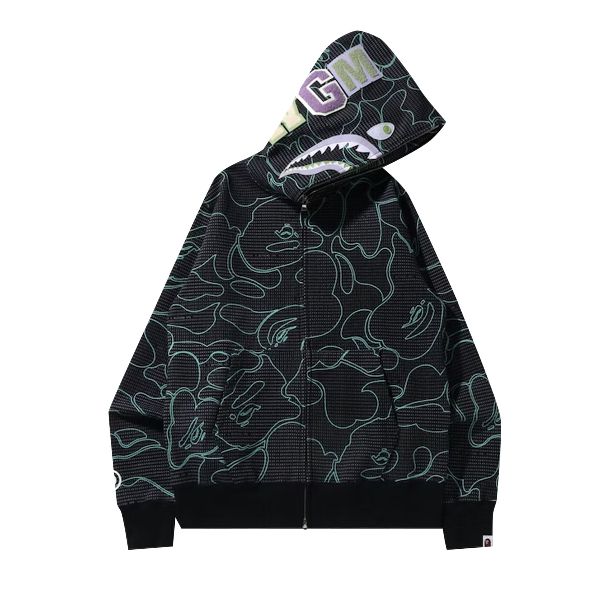 BAPE Text Code Camo Shark Full Zip Hoodie 'Black' | Men's Size L