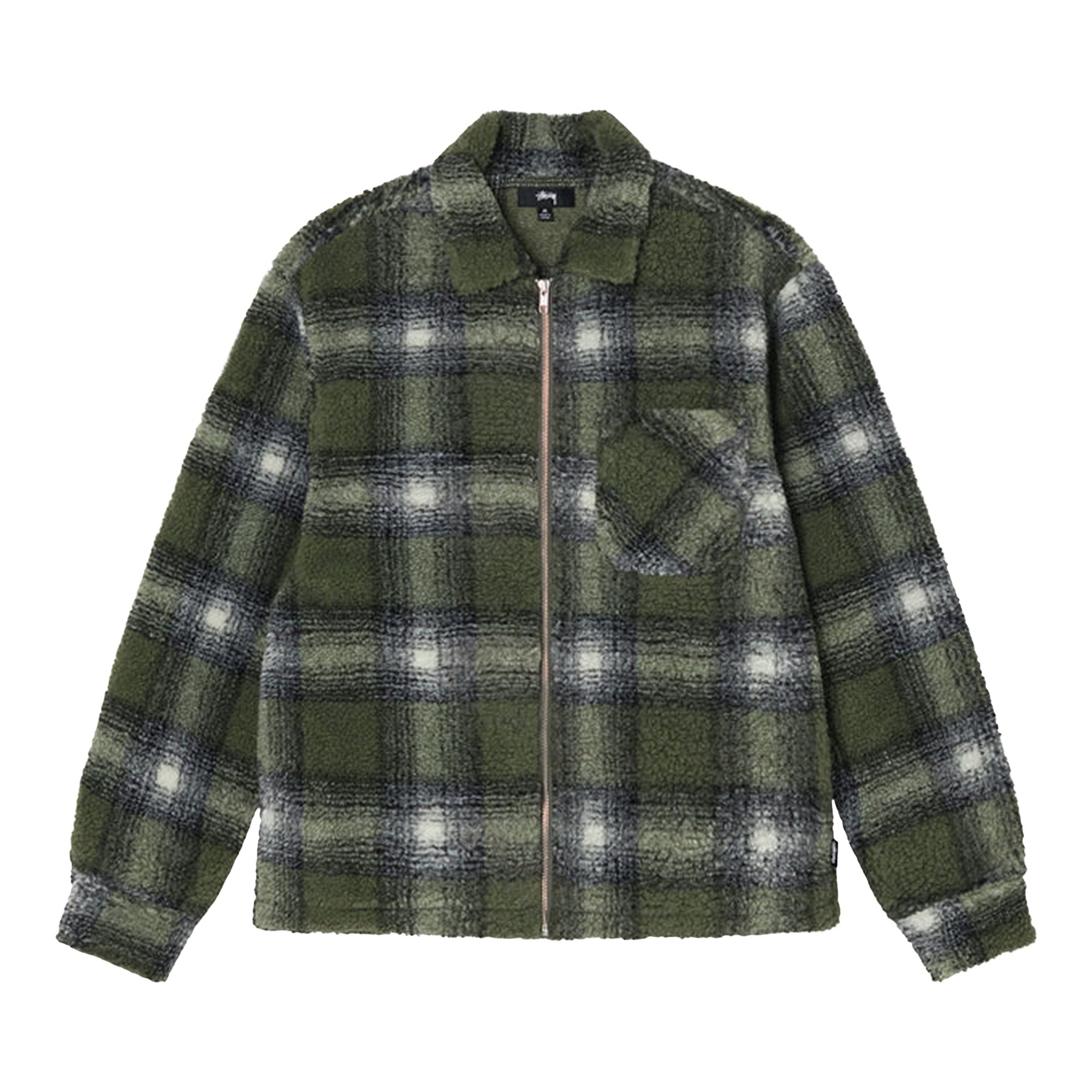 Stussy Shadow Plaid Sherpa Zip Shirt 'Olive' | Green | Men's Size XL