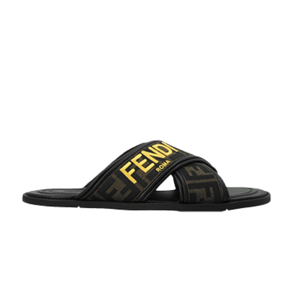 Pre-owned Fendi Ff Motif Fabric Slide 'embroidered Logo - Tobacco' In Brown
