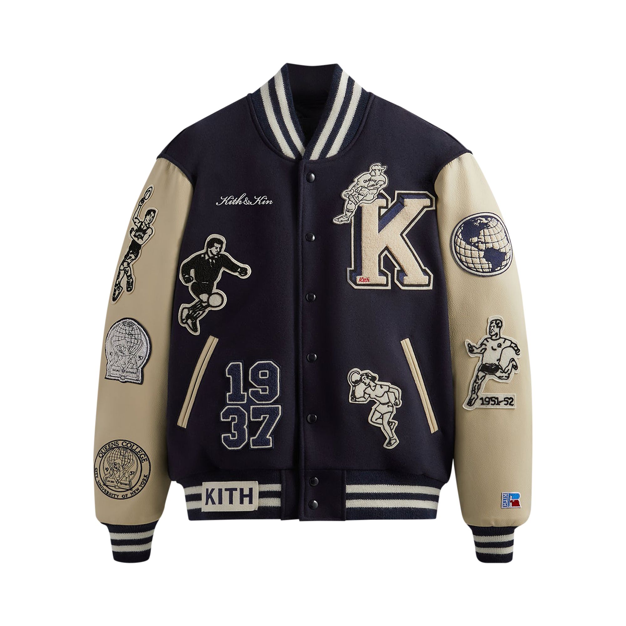 Pre-owned Kith & Russell Athletic For Cuny Queens College Golden Bear Jacket 'nocturnal' | Blue | Men's Size S