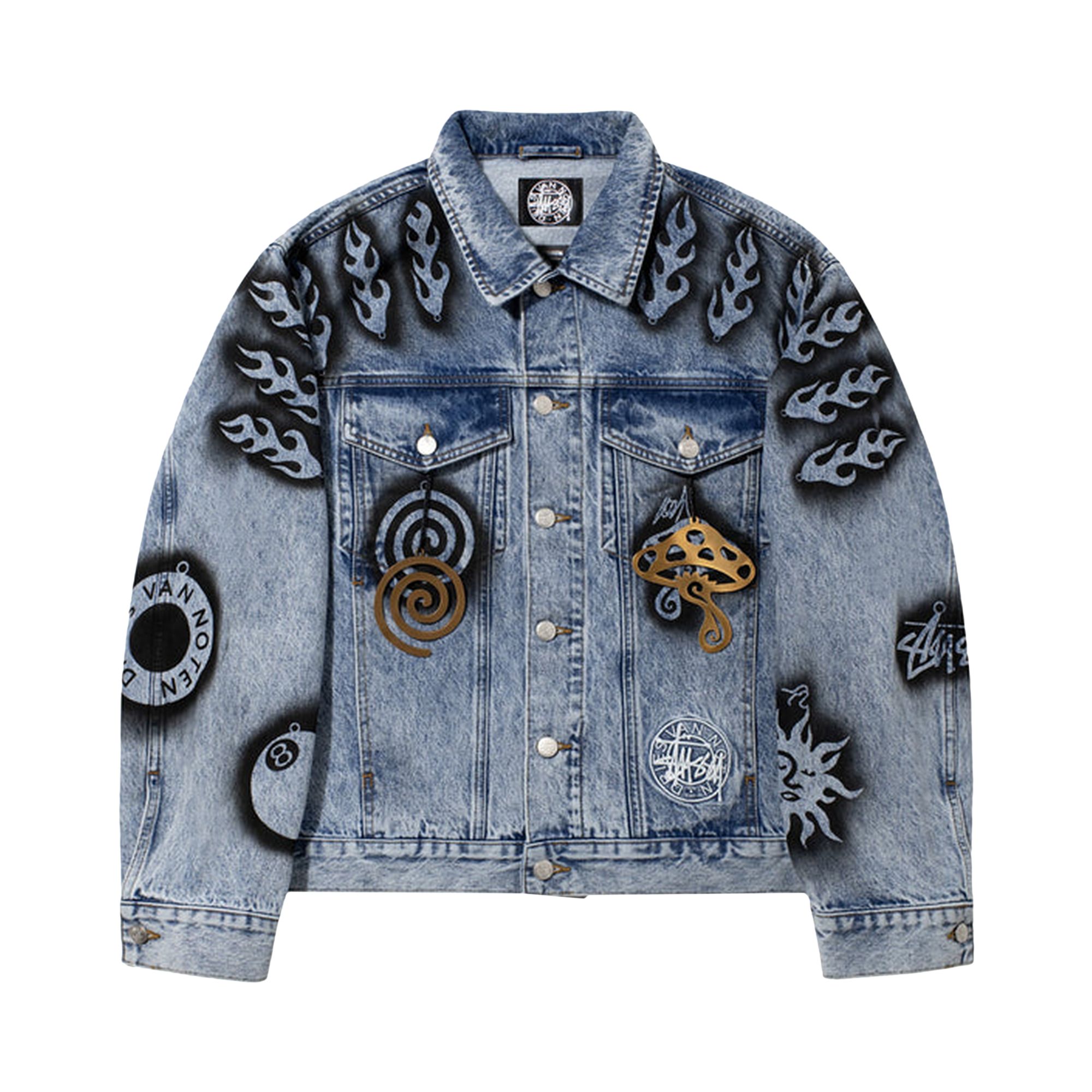 Pre-owned Stussy X Dries Van Noten Hand-stencilled Denim Jacket 'washed Blue'