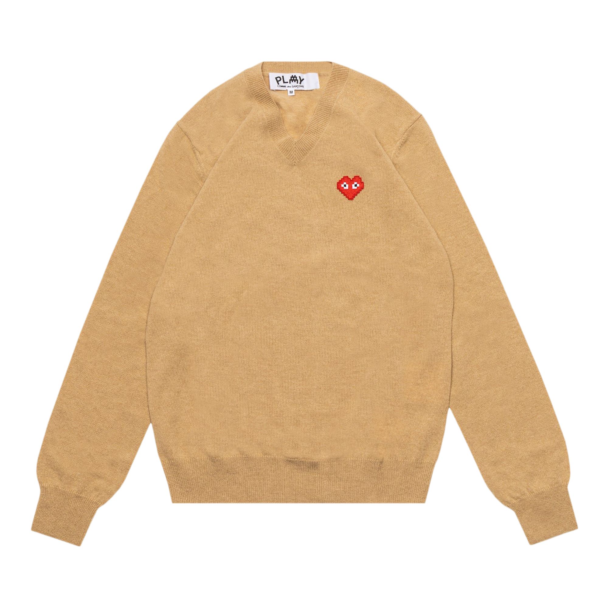 Pre-owned Comme Des Garçons Play Heart V Neck Pullover 'camel' In Tan