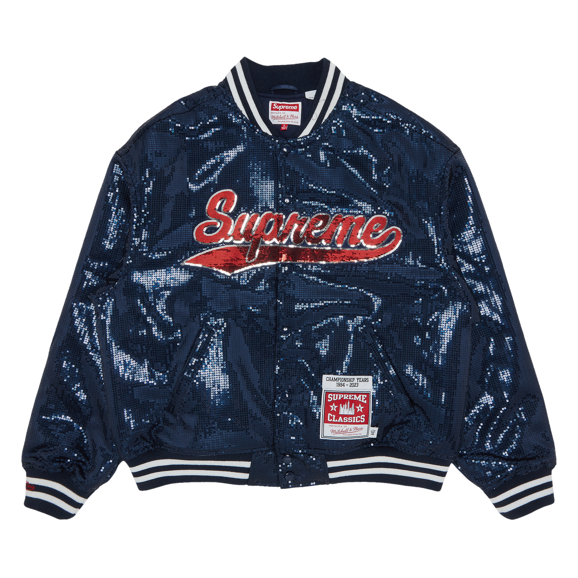 Pre-owned Supreme X Mitchell & Ness Sequin Varsity Jacket 'navy' In Blue