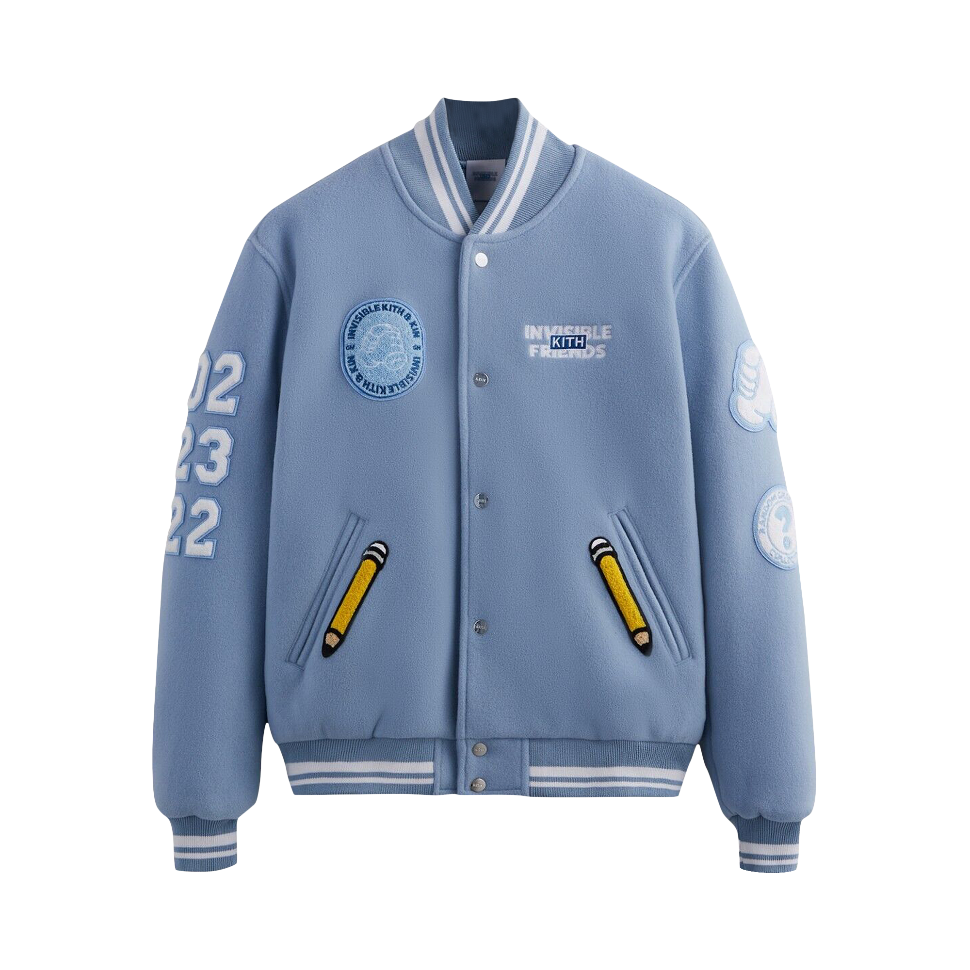 Pre-owned Kith X Invisible Friends Manteco Wool Varsity Jacket 'larimar' In Blue