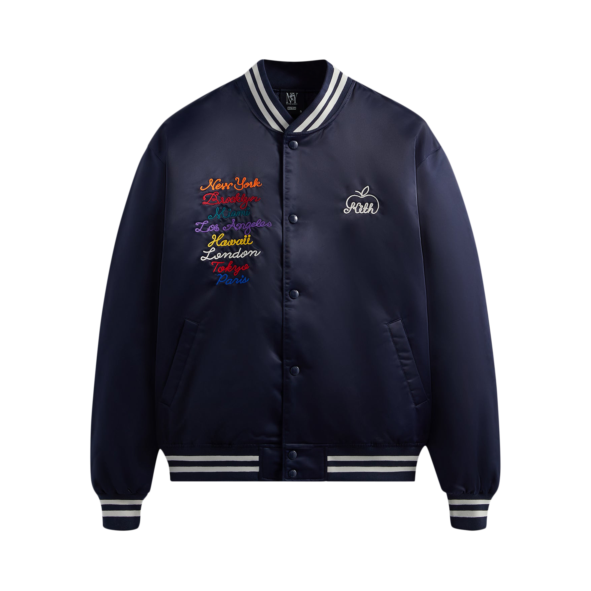 Pre-owned Kith New York To The World Satin Bomber Jacket 'nocturnal' In Blue