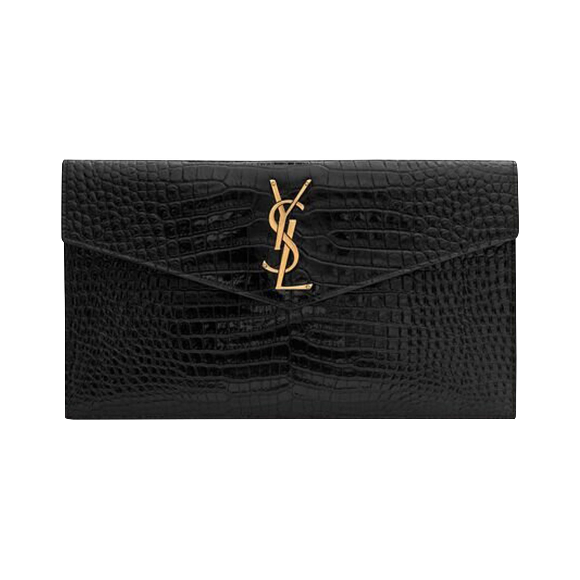 Pre-owned Saint Laurent Uptown Crocodile Embossed Pouch 'black'