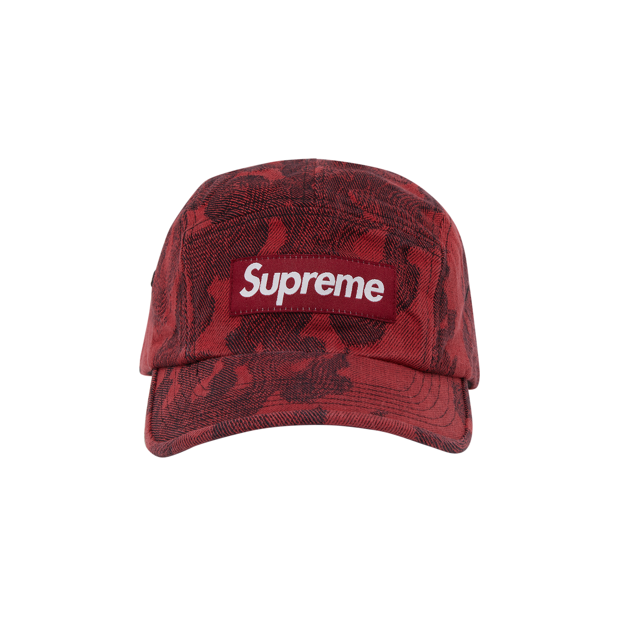 Pre-owned Supreme Flames Jacquard Denim Camp Cap 'washed Red'
