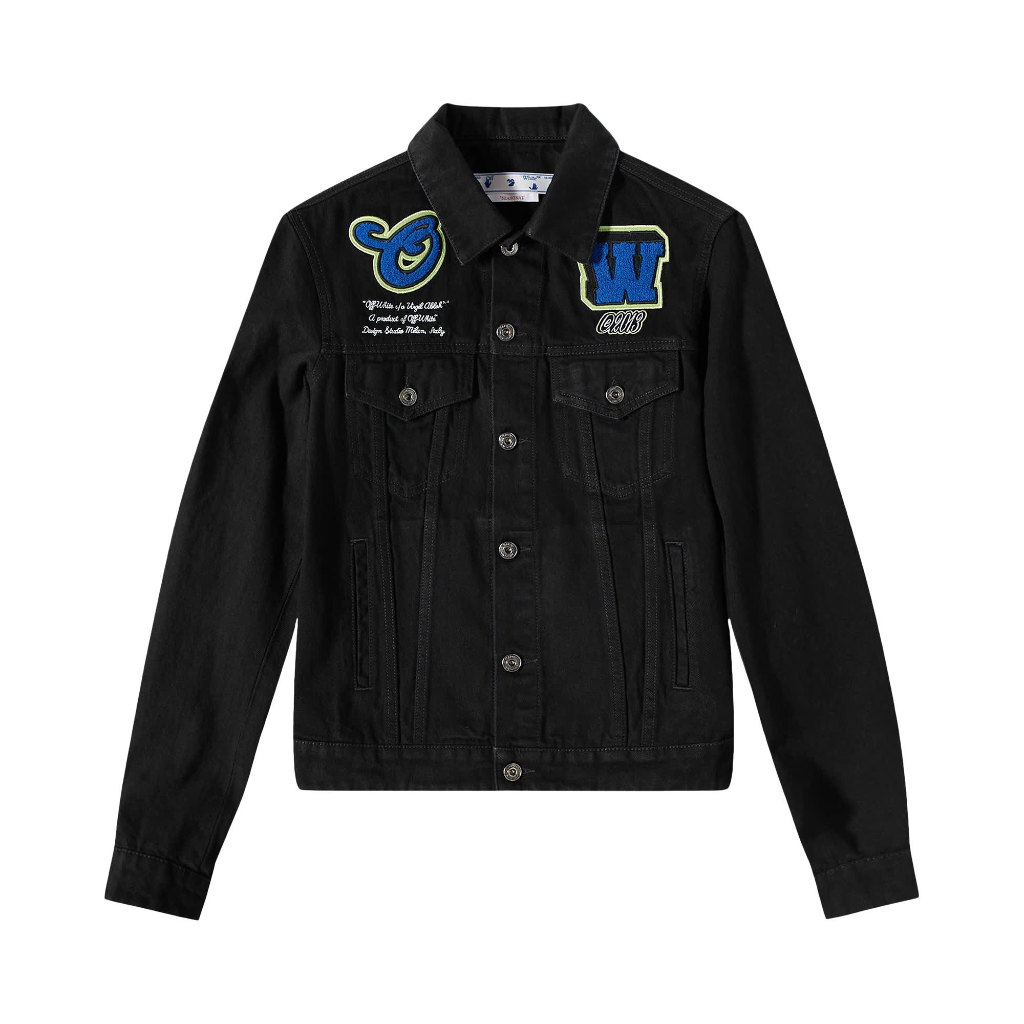 Off-White Varsity Patch Denim Jacket 'Black/Blue' | Men's Size XL