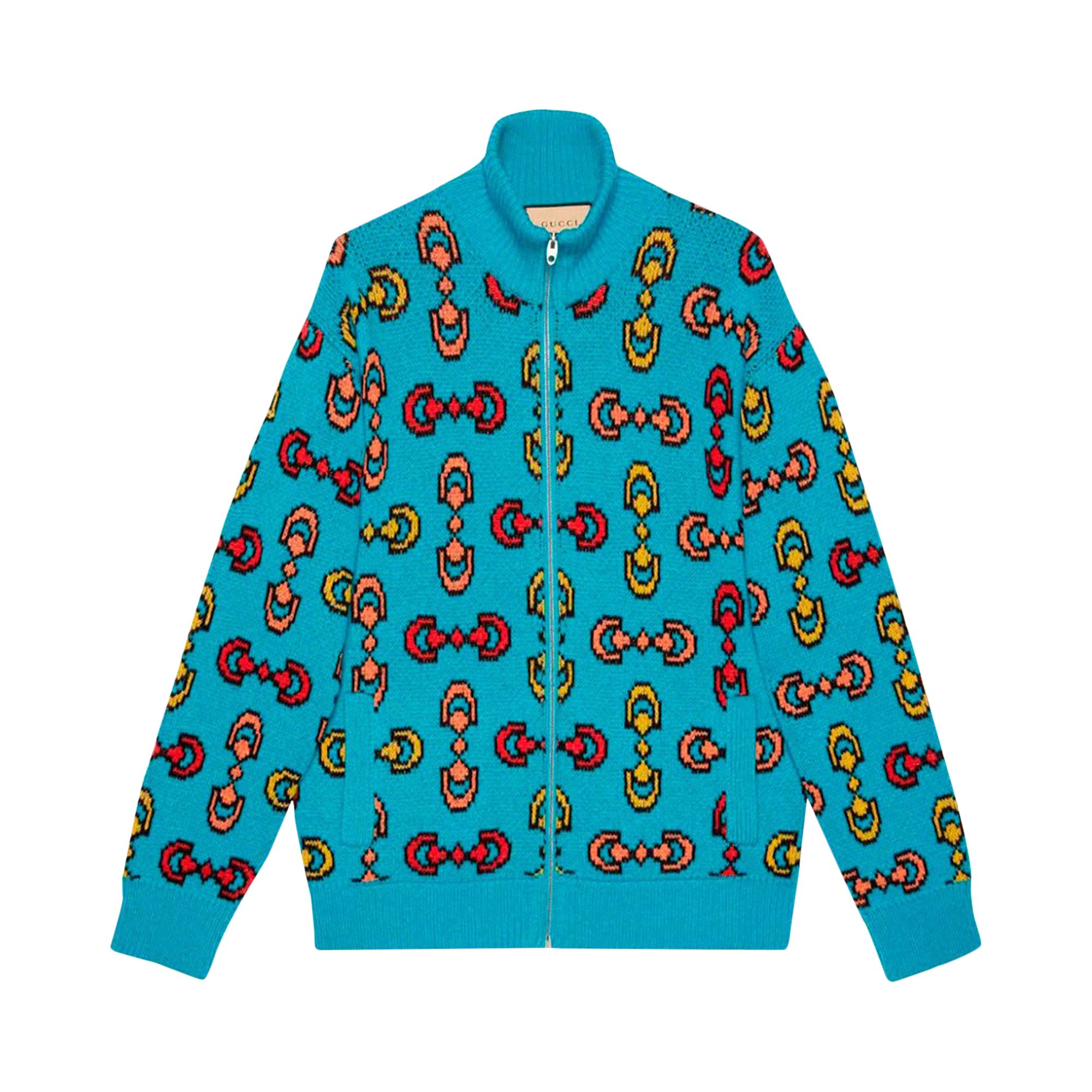 Pre-owned Gucci Horsebit Jacquard Wool Knit Bomber 'blue/yellow' | Men's Size Xs