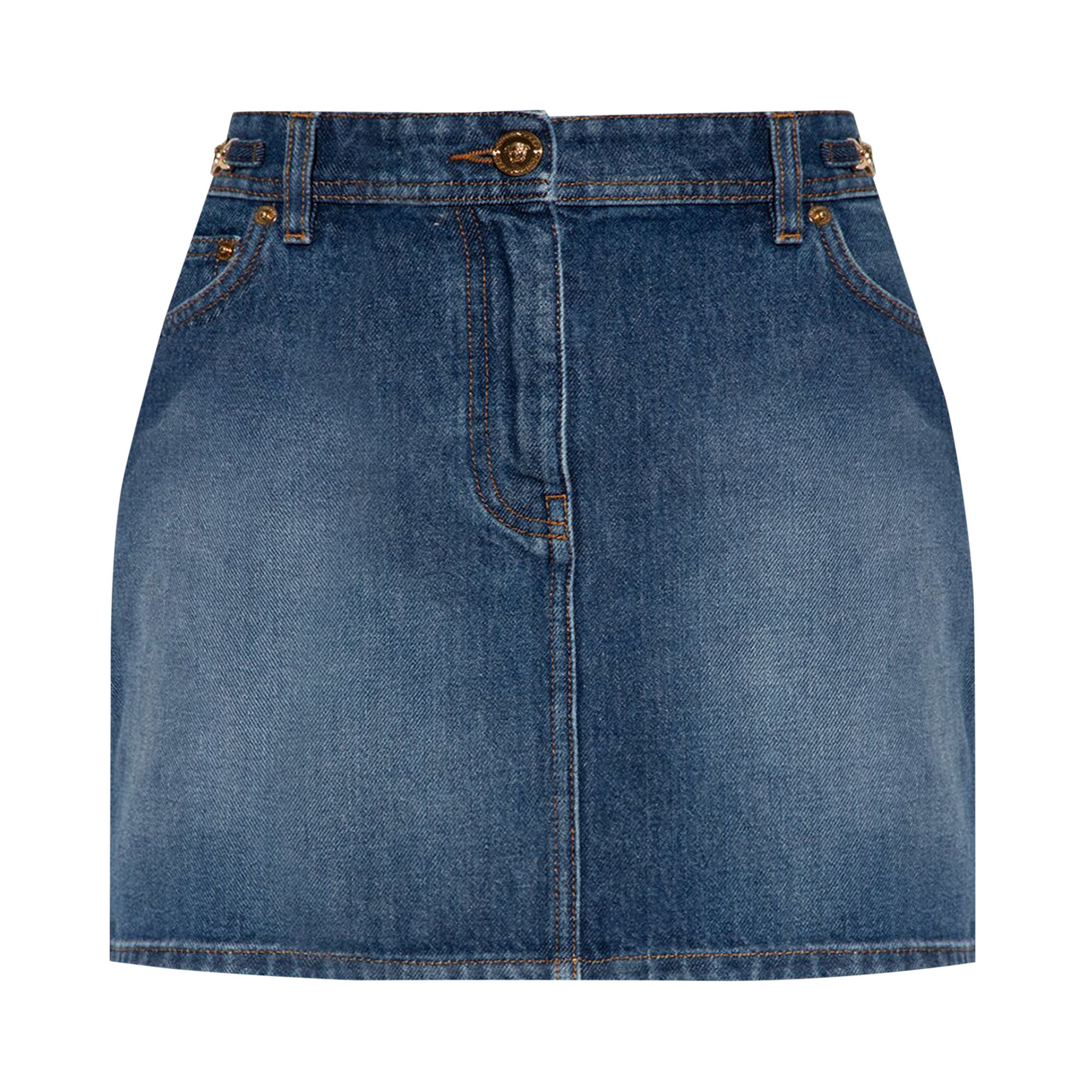 Pre-owned Versace Medusa 95 Denim Mini Skirt 'dark Blue' | Women's Size 38