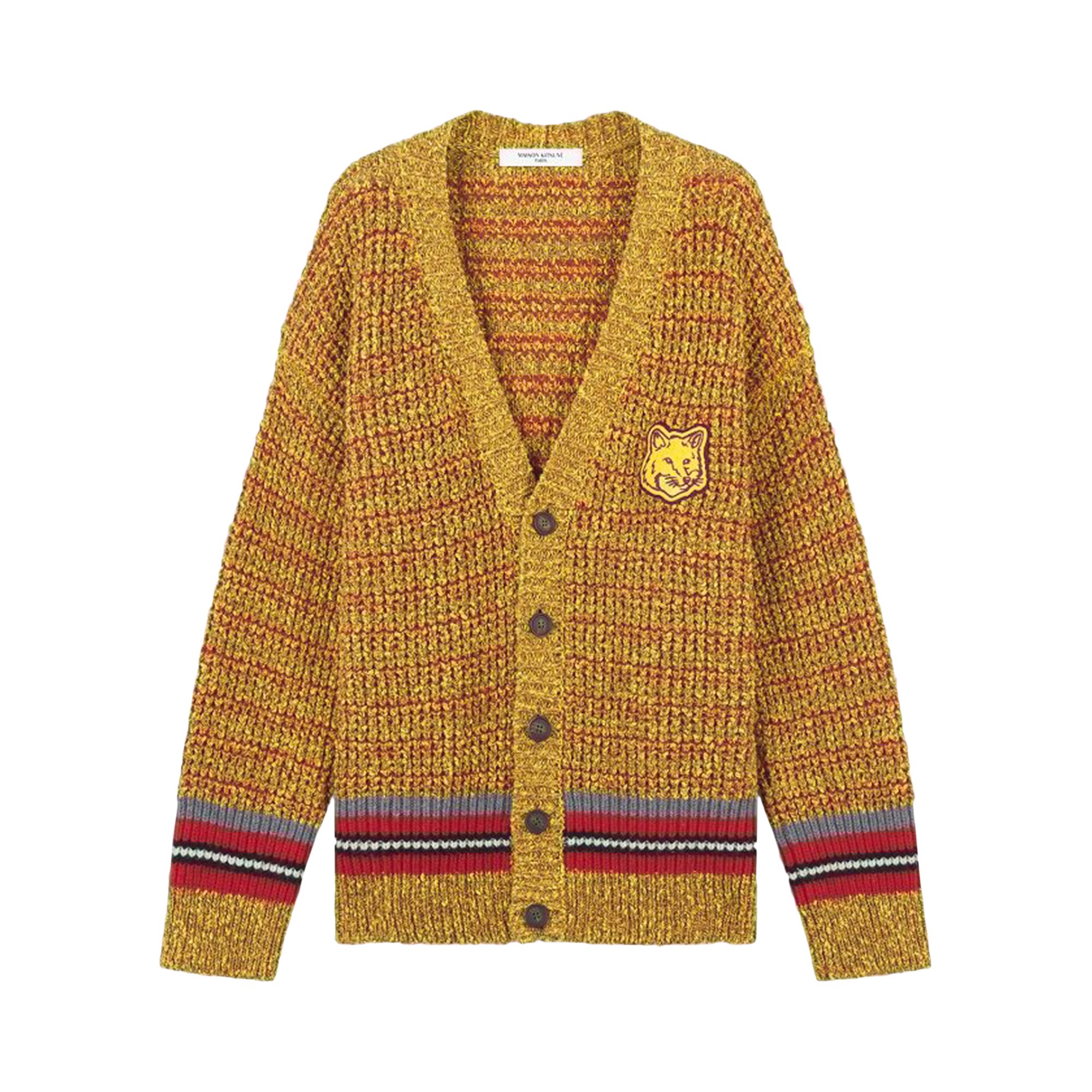 Pre-owned Maison Kitsuné Fox Head Crafty Comfort Cardigan 'mustard Melange' | Yellow | Men's Size S