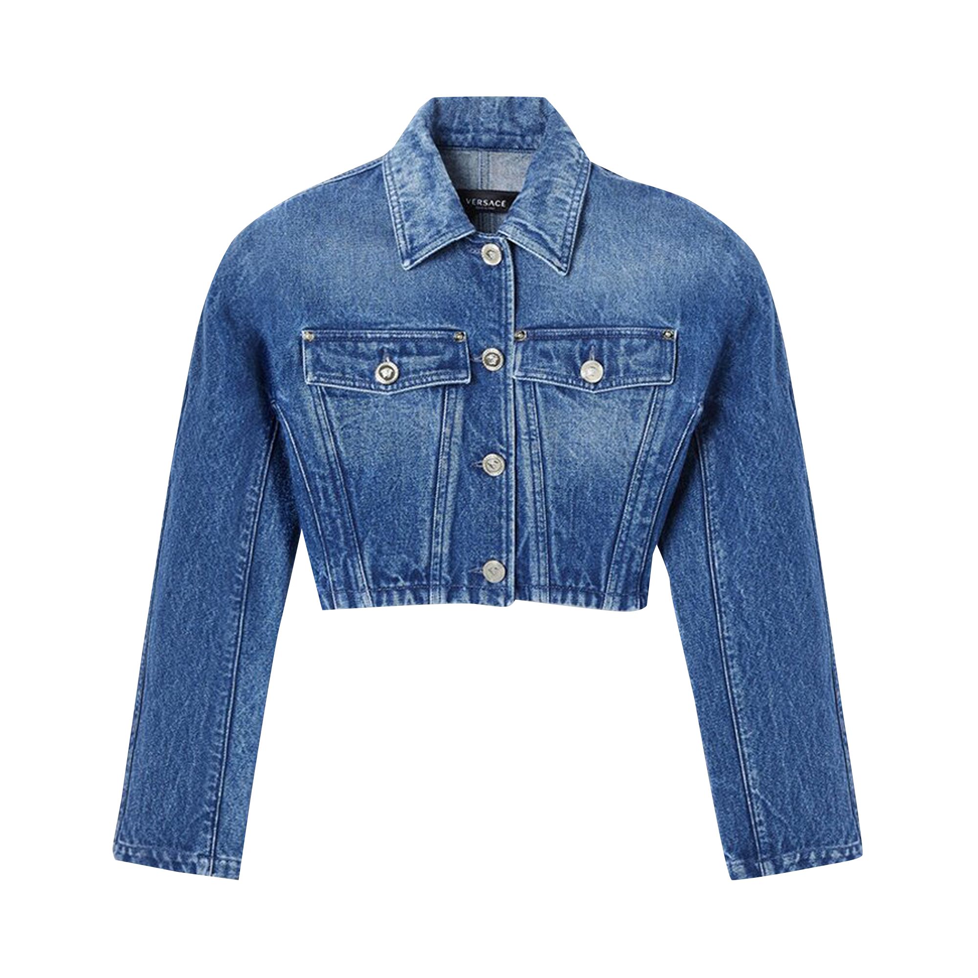 Pre-owned Versace Rounded Crop Denim Jacket 'medium Blue' | Women's Size 40