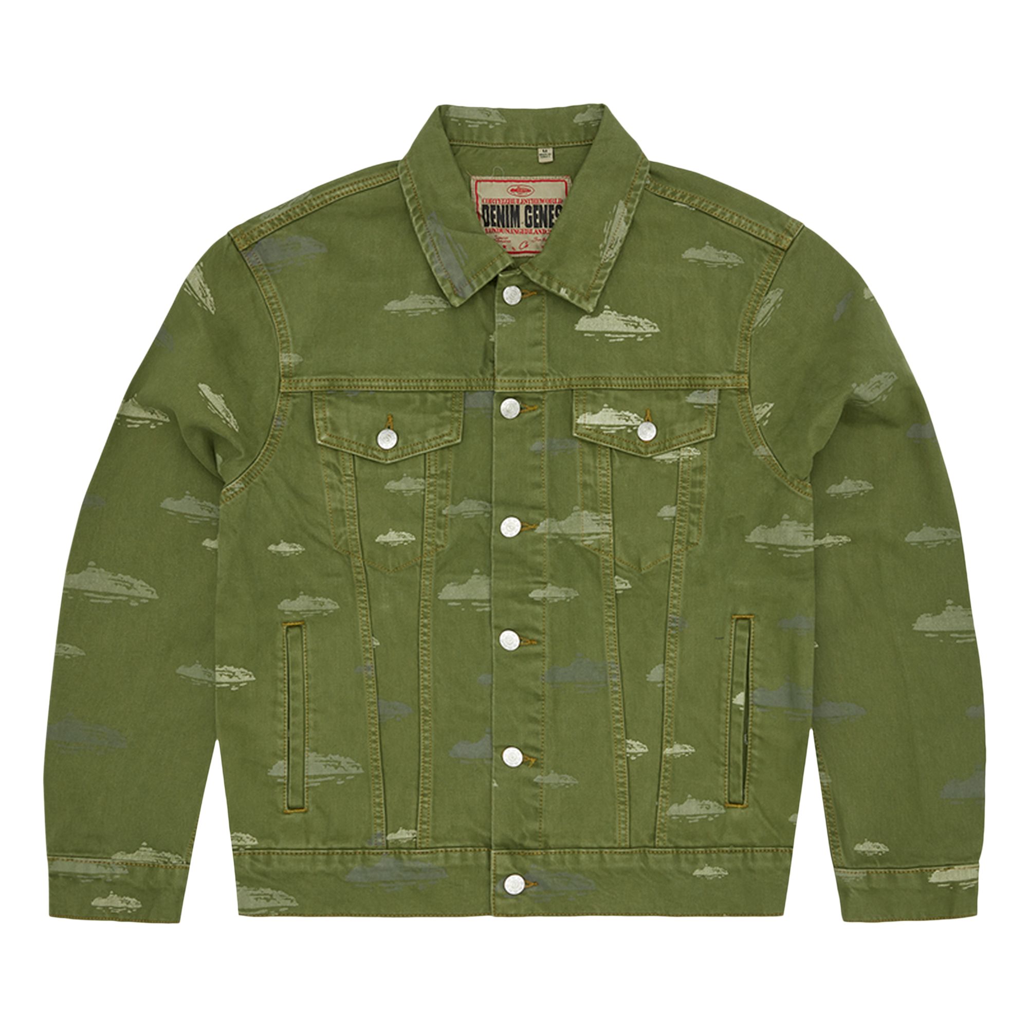 Pre-owned Corteiz Alcatraz Pattern Denim Jacket 'khaki' In Green