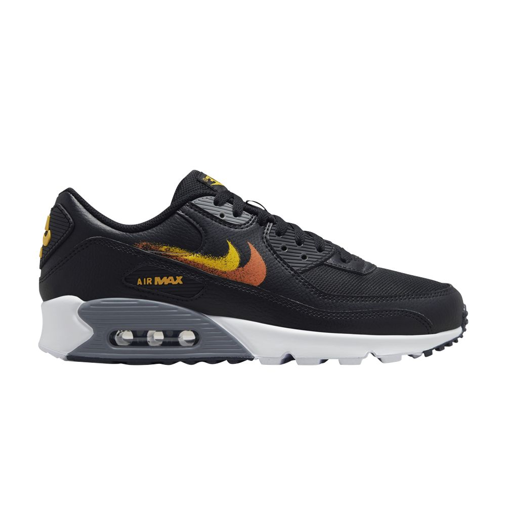 Nike Air Max 90 'Spray Paint Swoosh - Black Gold Orange' | Men's Size 9.5