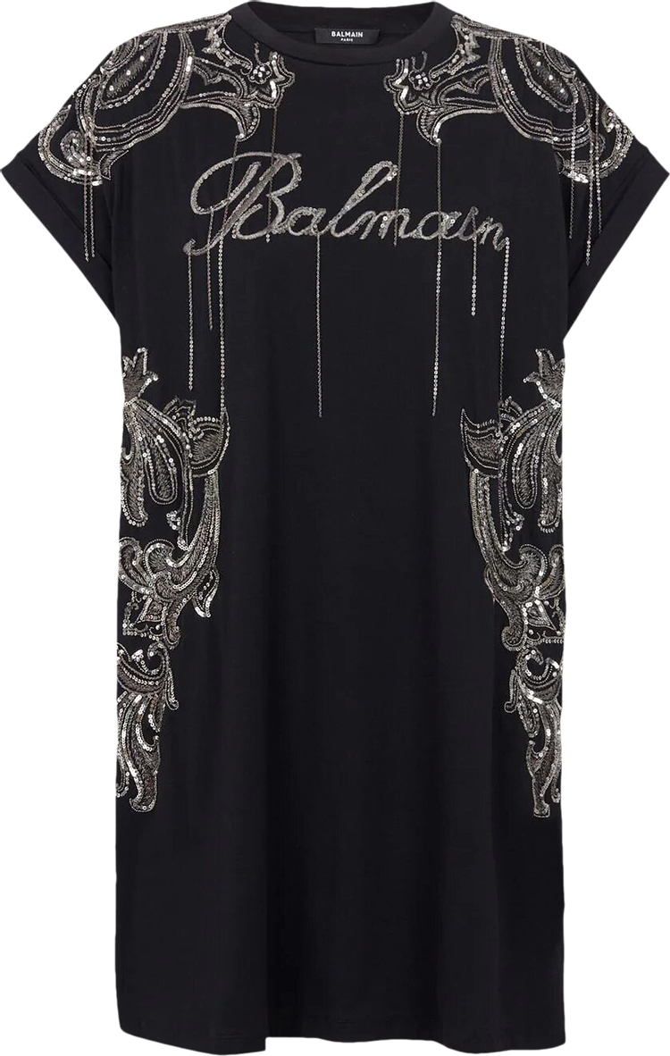 Balmain Sleeveless Embroidered Paisley Chains Short Dress 'Black/Old Silver'