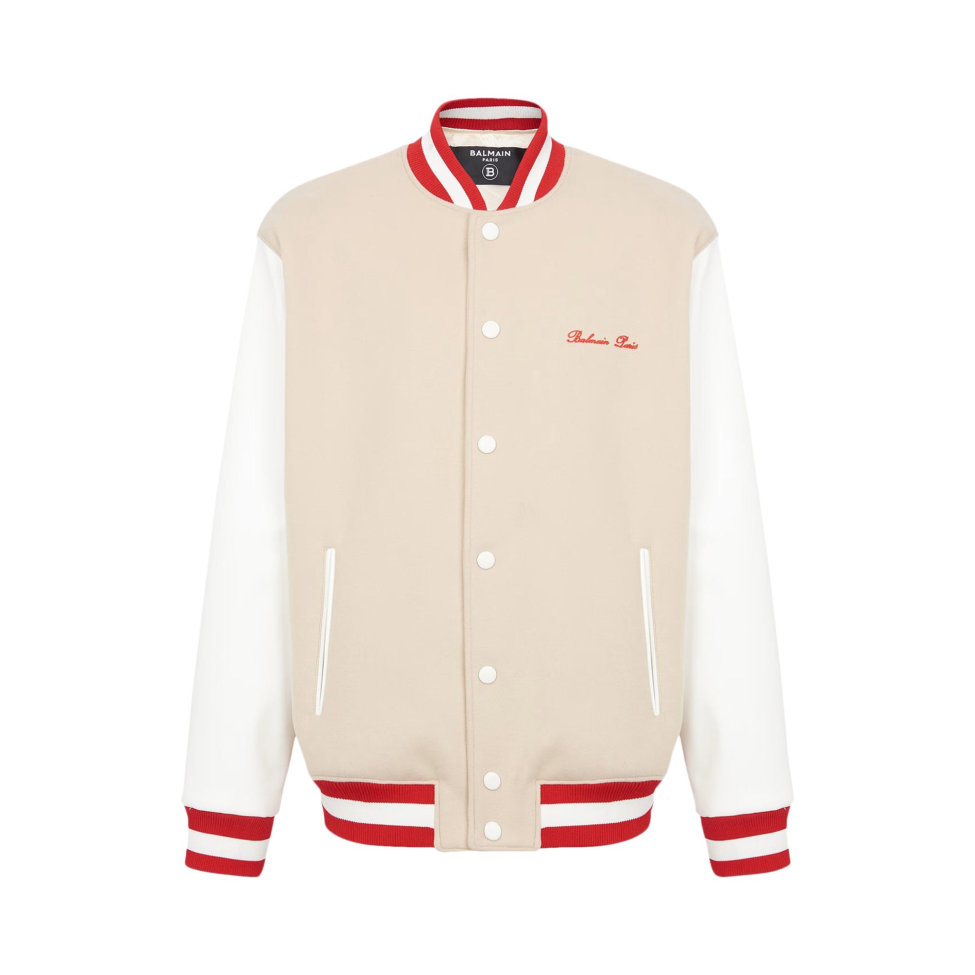 Pre-owned Balmain Bicolor Signature Varsity Jacket 'ivory/off White/red' | Tan | Men's Size 48
