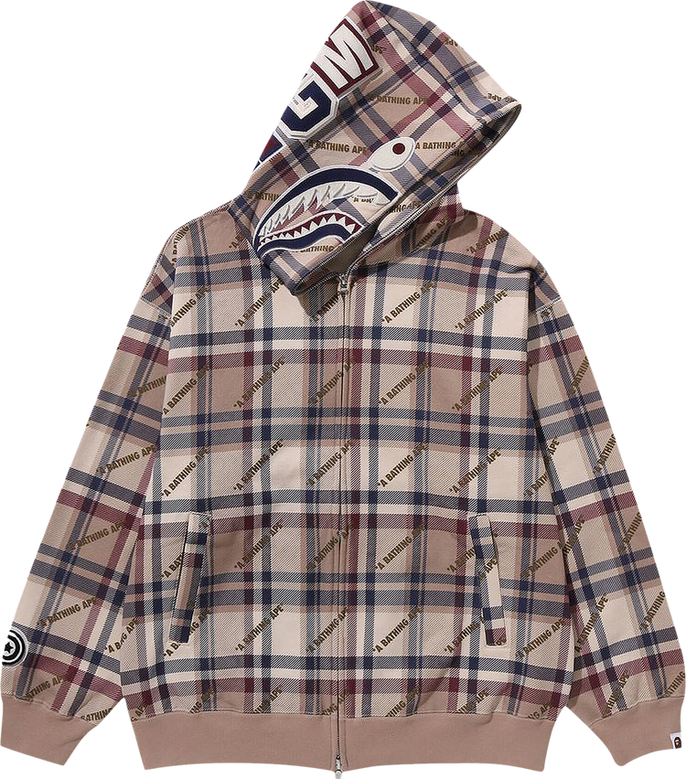 BAPE Logo Check Pattern Shark Full Zip Hoodie 'Beige'