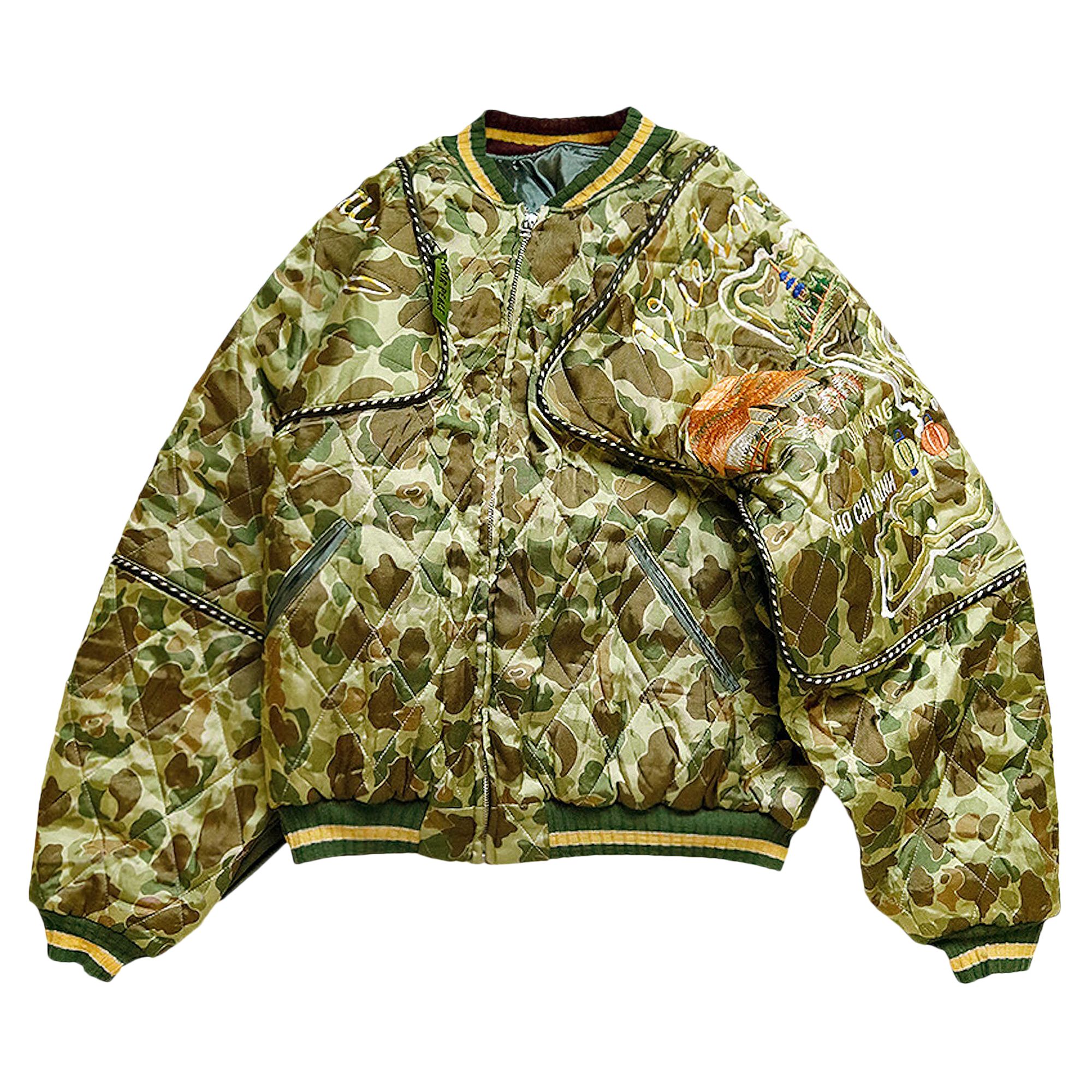 Pre-owned Kapital Rayon Satin Quilting Camo Sham Bomber Jacket (beautiful Vietnam) 'khaki' | Tan | Men's Size In Brown