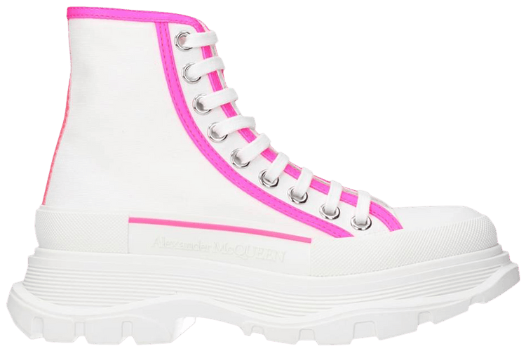 Size 5.0 Alexander McQueen Wmns Tread Slick Boot White Fluo Pink