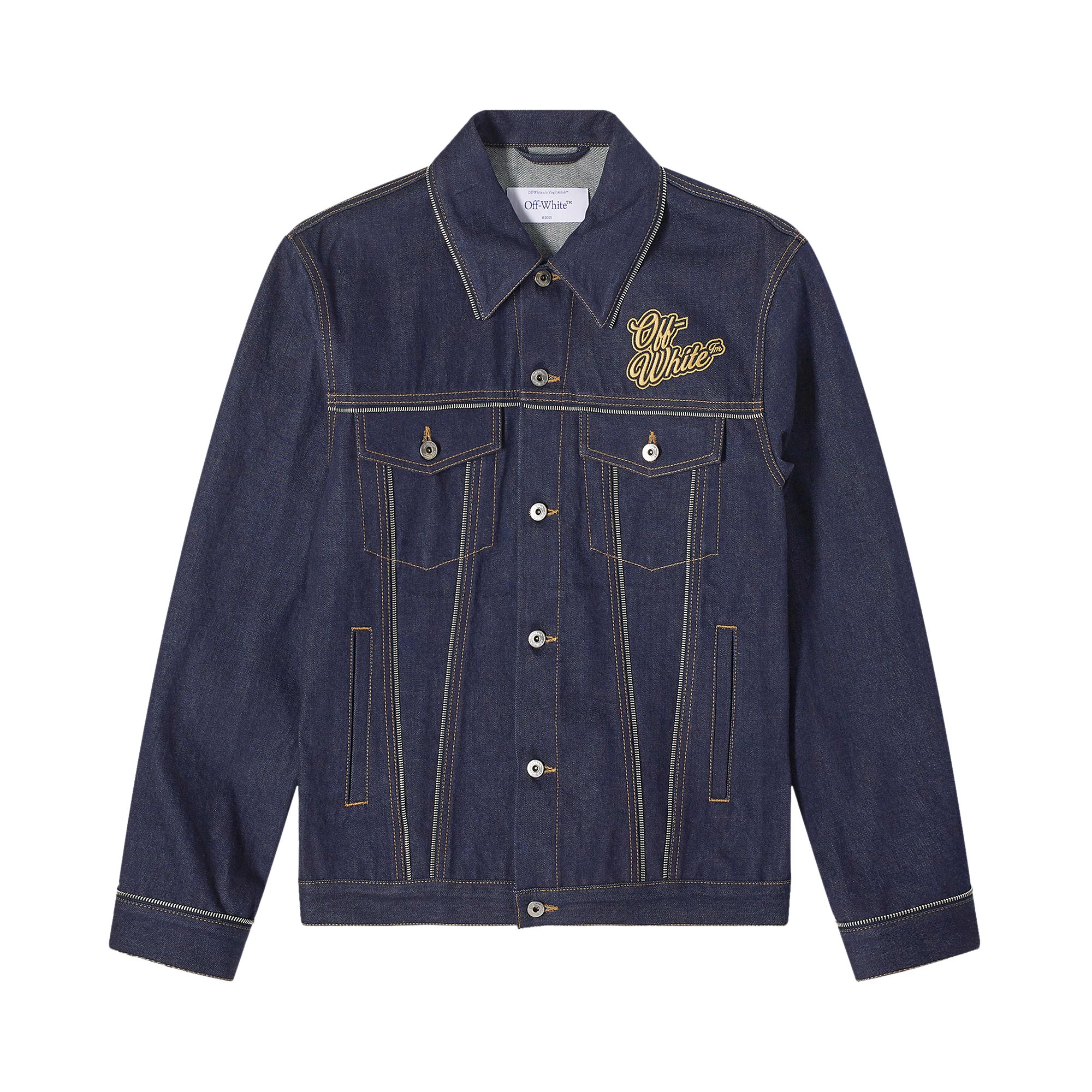 Pre-owned Off-white 90s Logo Skate Denim Jacket 'raw Blue/gold' | Men's Size S