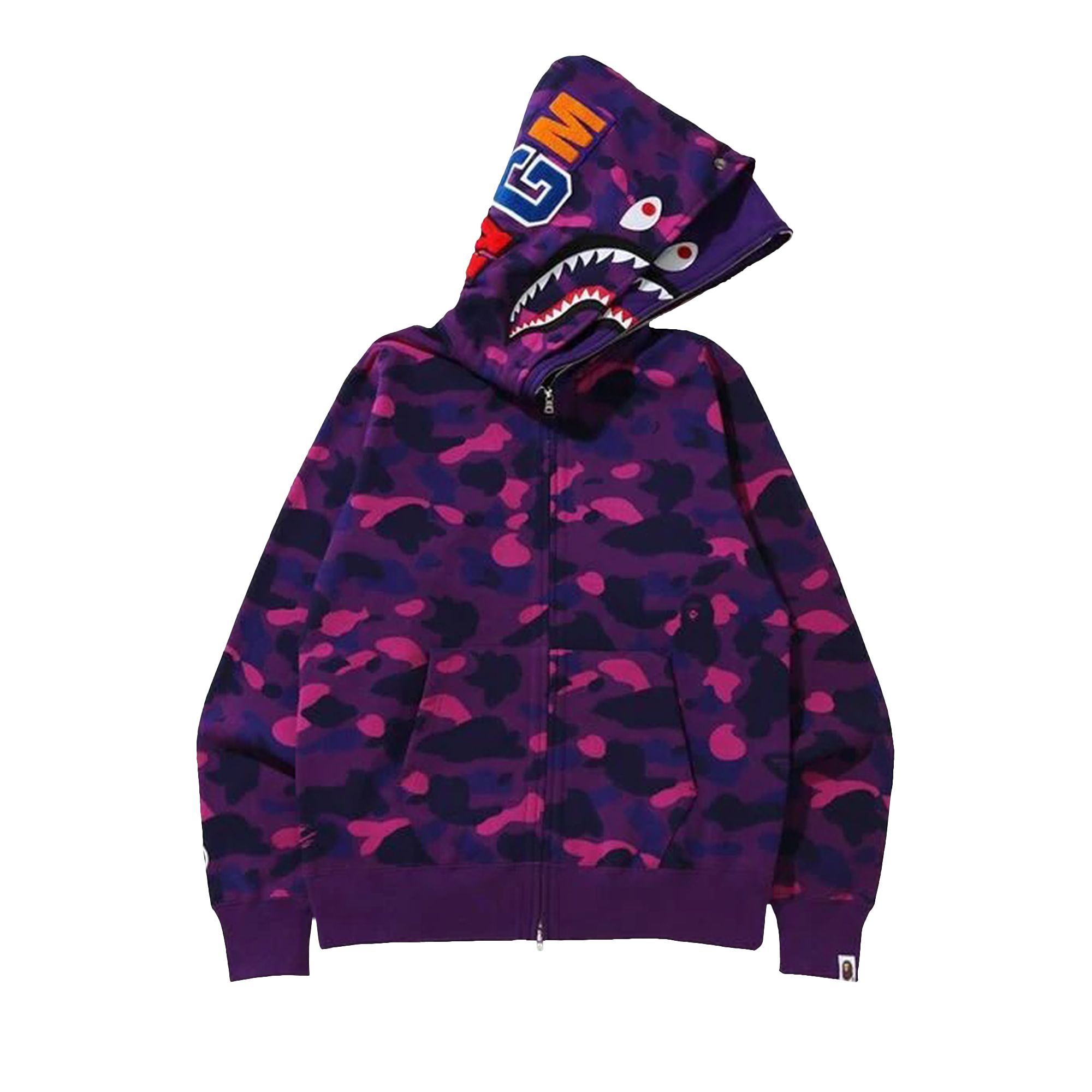 BAPE Color Camo Shark Wide Full Zip Double Hoodie 'Purple' | Men's Size XL