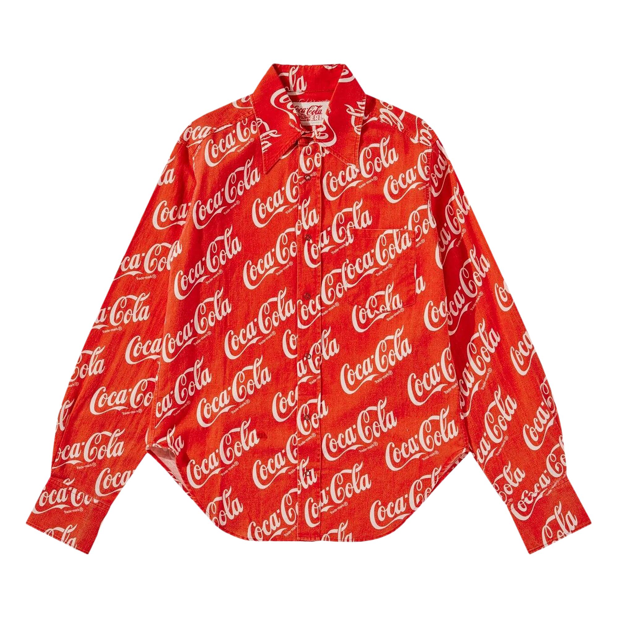 Pre-owned Erl Woven Printed Button Up Shirt 'red Coca Cola' | Men's Size M